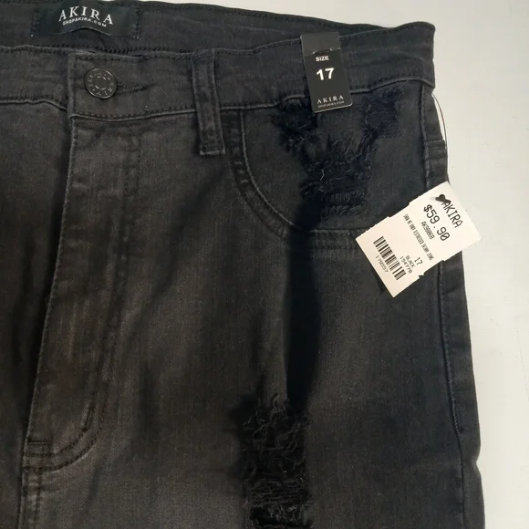 New! AKIRA Show Me Baby Black Distressed Stretch Denim Skinny Jeans - Picture 11 of 12